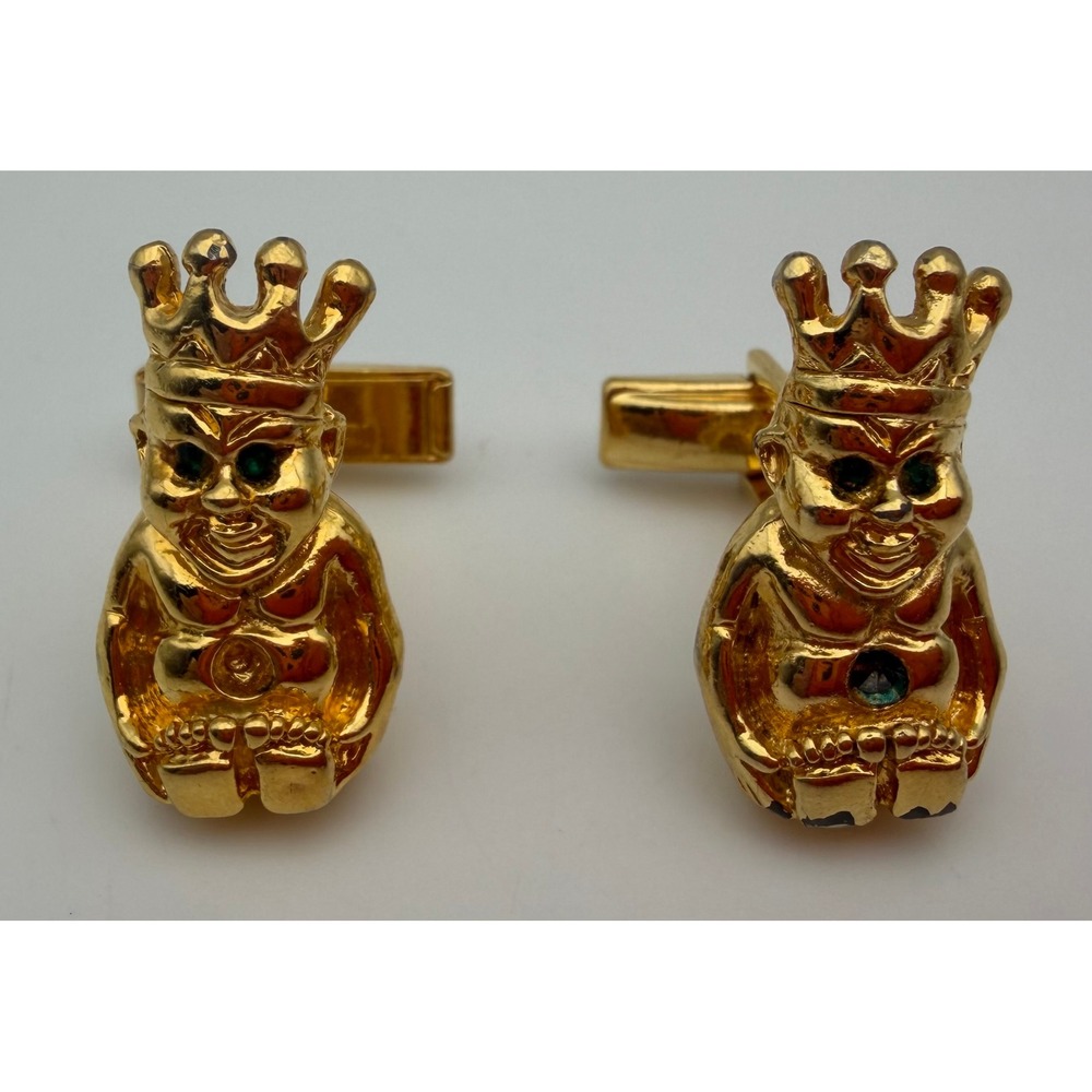 Vintage Gold Tone King Figural Cufflinks Green Red Stone Accents Pat 2974381